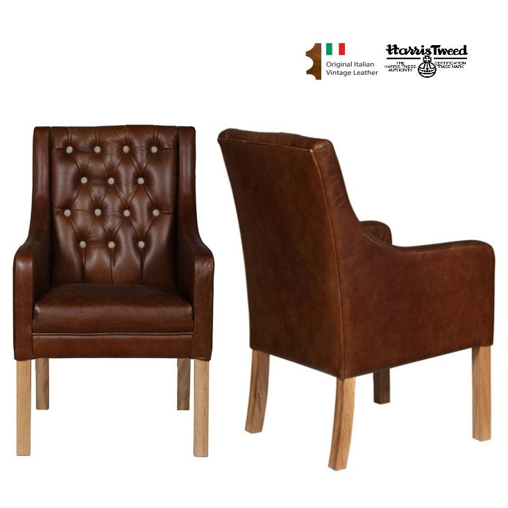 Monty Vintage Leather & Harris Tweed Button Back Dining Chair - Choice Of Leathers & Legs - The Furniture Mega Store 