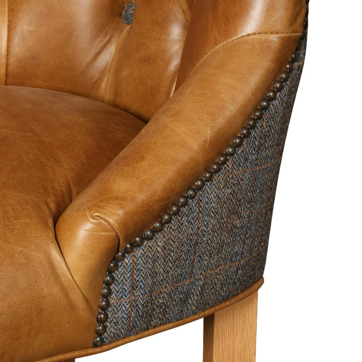 Hugo Vintage Leather & Hunting Lodge Harris Tweed Buttoned Bar Stool - The Furniture Mega Store 