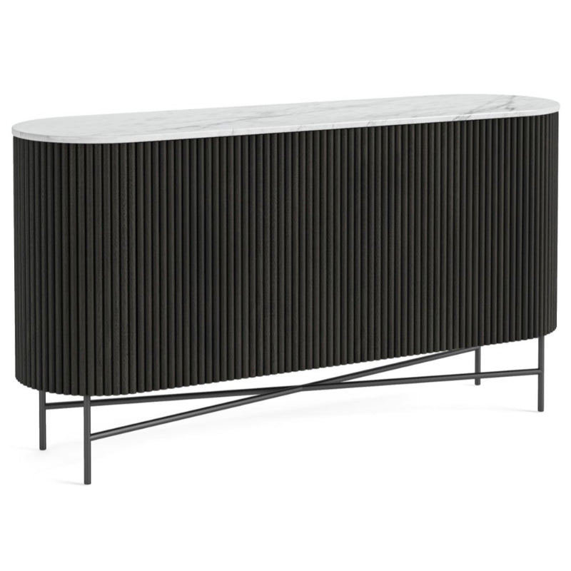 Piano Black Fluted Wood and Marble Top Large Curved Sideboard with 2 Doors, Made of Mango Wood Ribbed Base and White Marble Top - The Furniture Mega Store 