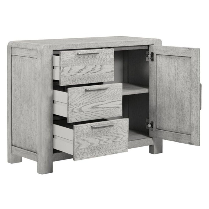 Flora Grey Washed Oak Sideboard, 98.5cm W with 1 Door 3 Drawers - The Furniture Mega Store 