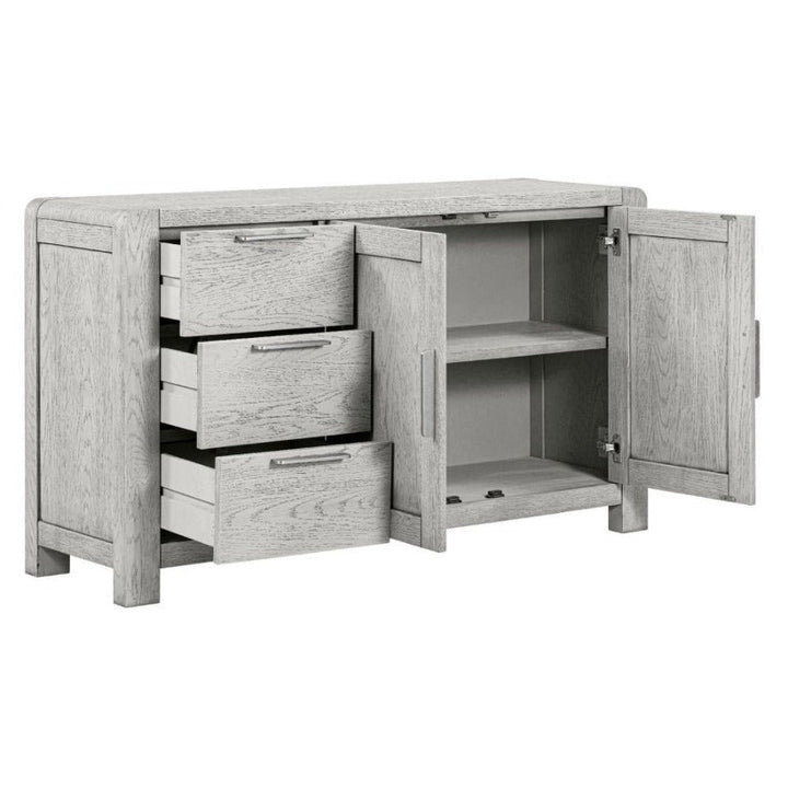 Flora Grey Washed Oak Sideboard, 140cm W with 2 Doors and 3 Drawers - The Furniture Mega Store 