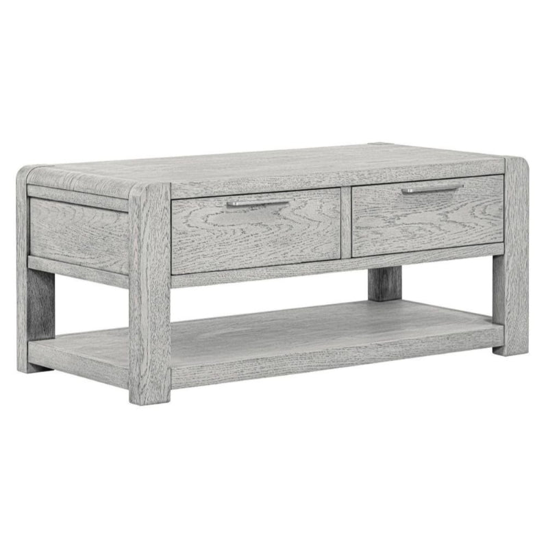 Flora Grey Washed Oak Coffee Table, Storage with 2 Drawers - The Furniture Mega Store 