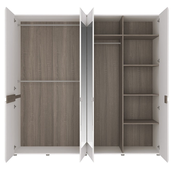 Chelsea White High Gloss & Truffle Oak Trim 4 Door Mirrored Wardrobe - The Furniture Mega Store 