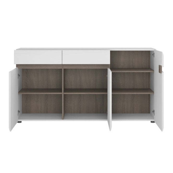 Chelsea White High Gloss & Truffle Oak Trim 2 drawer 3 door sideboard - The Furniture Mega Store 