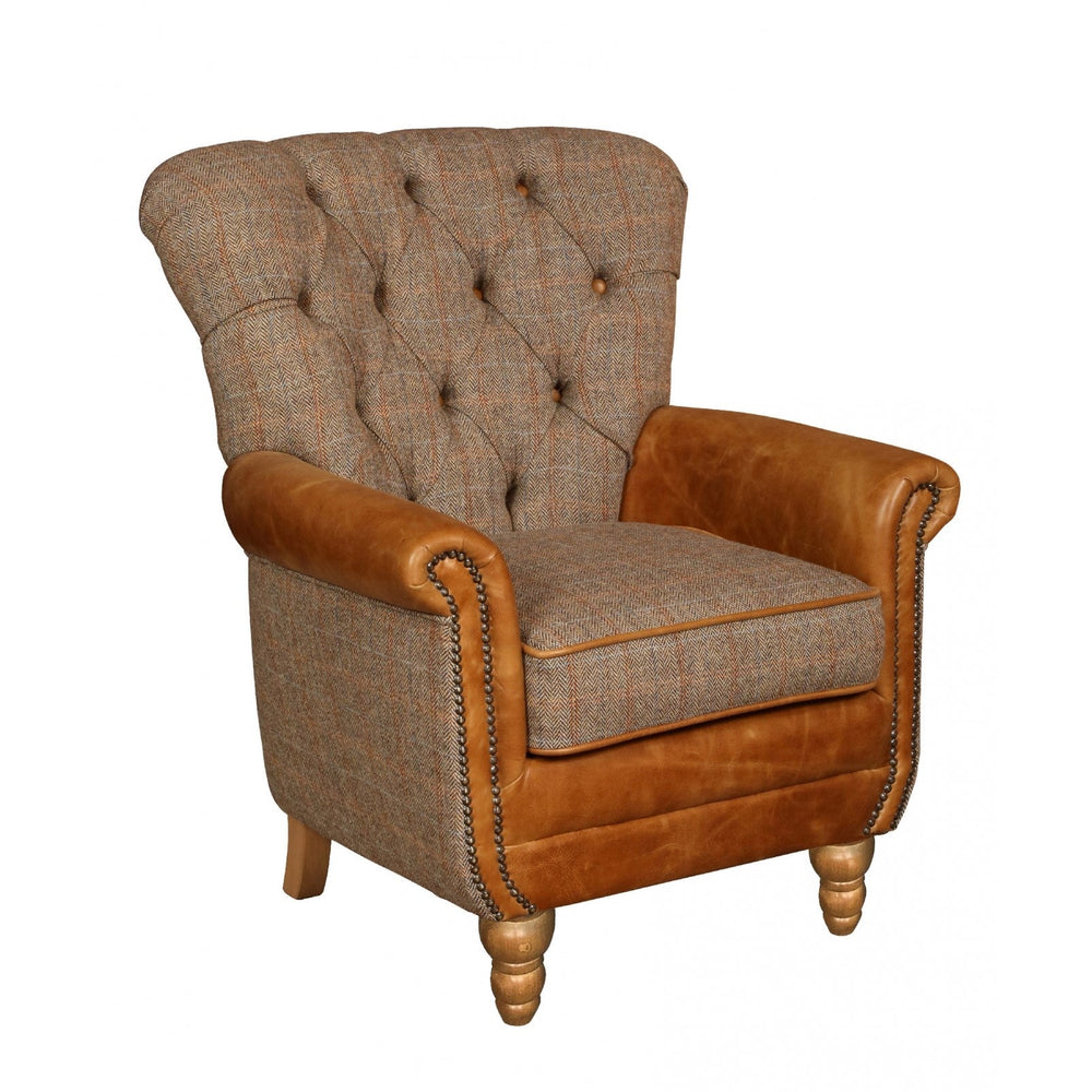 Rufus Vintage Leather & Harris Tweed Occasional Chair - The Furniture Mega Store 