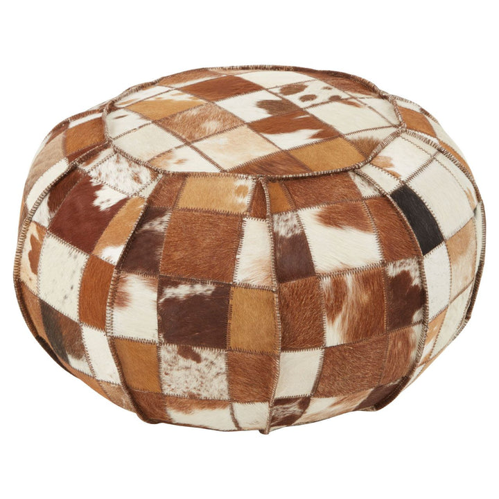 Multicoloured Cowhide Leather Patchwork Pouffe - The Furniture Mega Store 