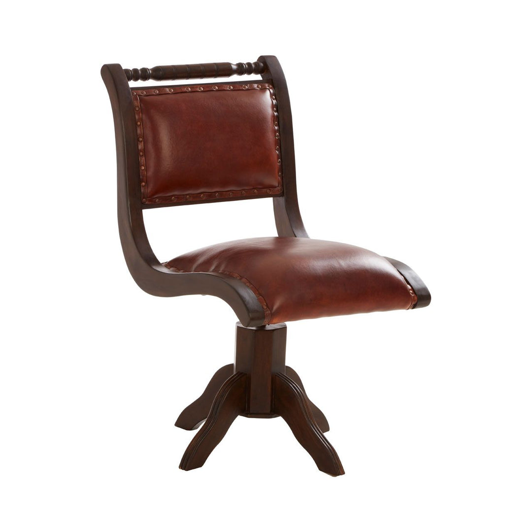 Inca Teak & Antique Brown Leather Swivel Office Chair - The Furniture Mega Store 