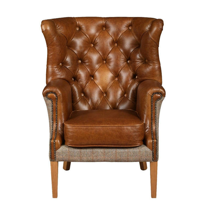 Winchester Chesterfield Wing Back Chair - Harris Tweed & Vintage Leather - The Furniture Mega Store 