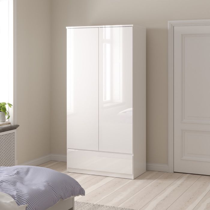 Naiah Wardrobe 2 doors + 1 drawer White High Gloss