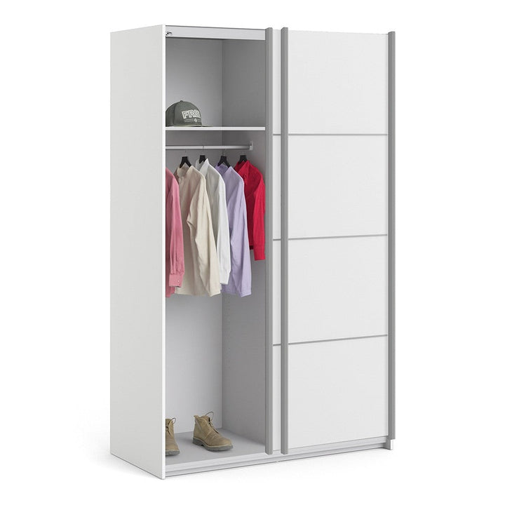 Verona Sliding Wardrobe 120cm in White with White Doors & 2 Shelves - The Furniture Mega Store 