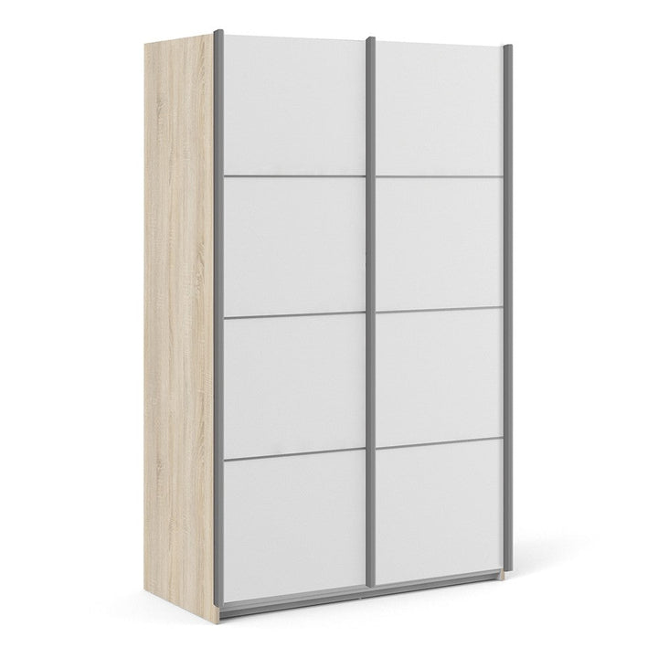 Verona Sliding Wardrobe 120cm in Oak with White Doors with 2 Shelves - The Furniture Mega Store 