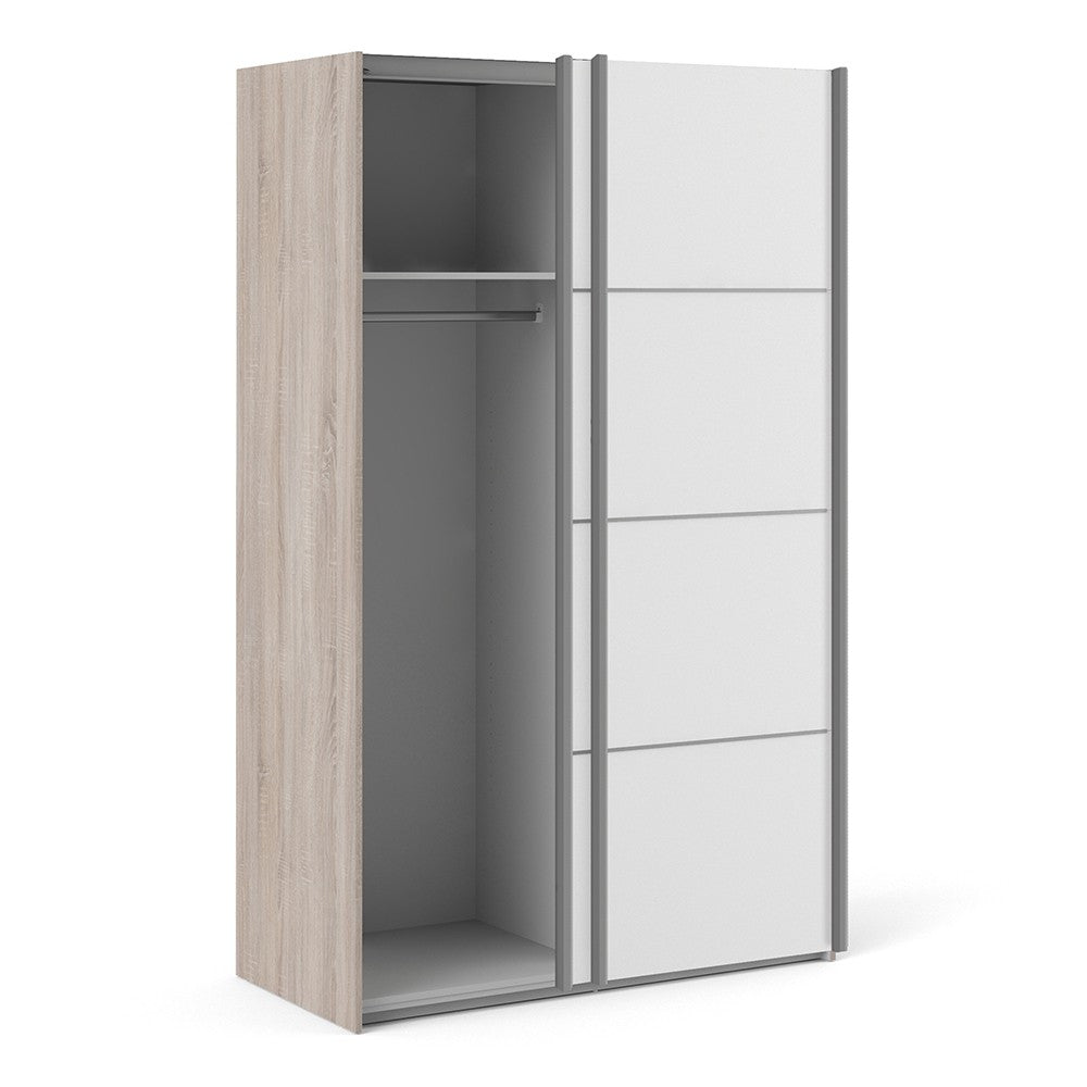 Verona Sliding Wardrobe 120cm in Truffle Oak with White Doors with 2 Shelves - The Furniture Mega Store 