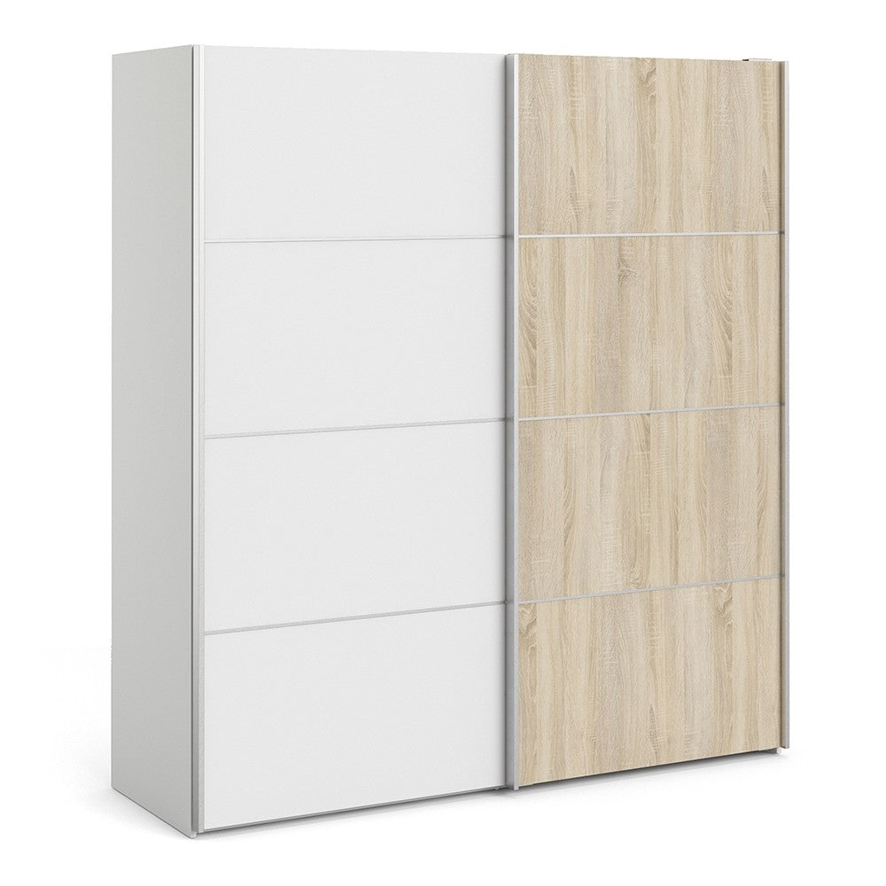 Verona Sliding Wardrobe 180cm in White with White and Oak doors with 2 Shelves - The Furniture Mega Store 