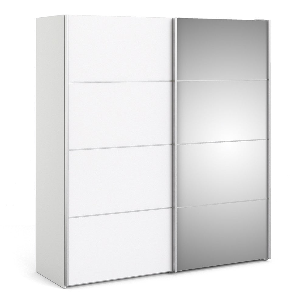 Verona Sliding Wardrobe 180cm in White with White and Mirror Doors with 2 Shelves - The Furniture Mega Store 