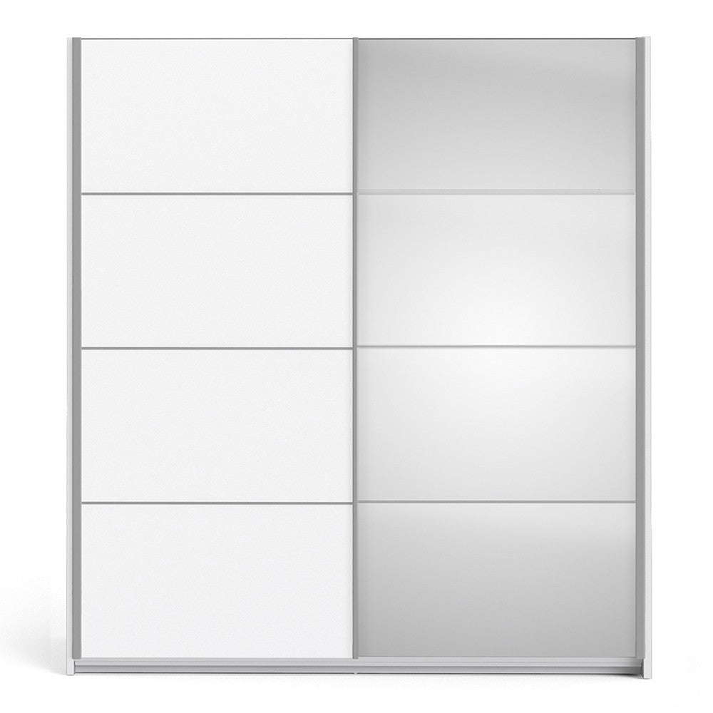 Verona Sliding Wardrobe 180cm in White with White and Mirror Doors with 2 Shelves - The Furniture Mega Store 