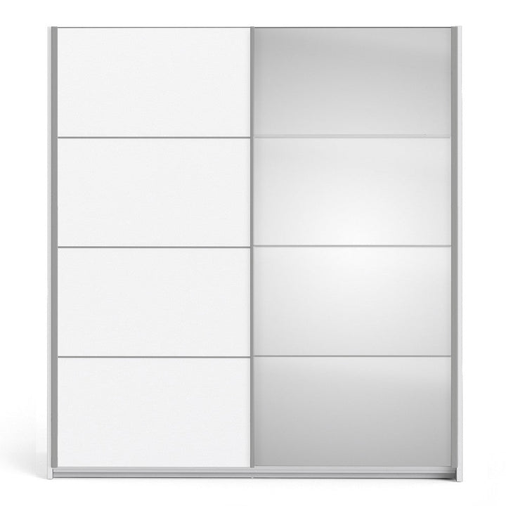 Verona Sliding Wardrobe 180cm in White with White and Mirror Doors with 2 Shelves - The Furniture Mega Store 