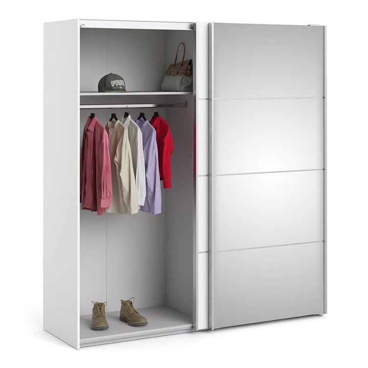 Verona Sliding Wardrobe 180cm in White with White and Mirror Doors with 2 Shelves - The Furniture Mega Store 