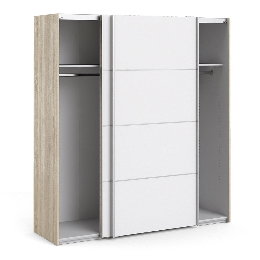 Verona Sliding Wardrobe 180cm in Oak with White Doors with 2 Shelves - The Furniture Mega Store 