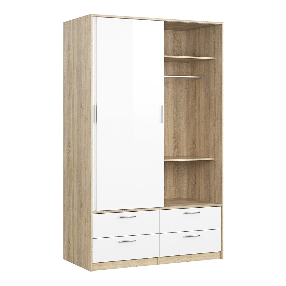 Line Wardrobe - 2 Doors 4 Drawers - Oak & White High Gloss - The Furniture Mega Store 