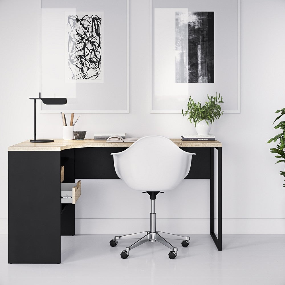 Corner Desk 2 Drawers in Black Matt and Oak - The Furniture Mega Store 