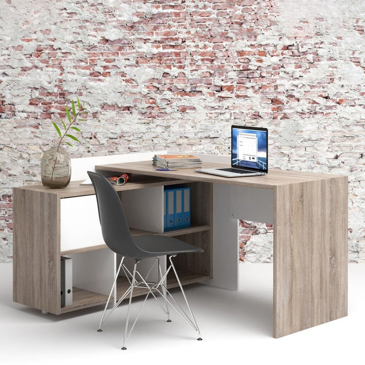 Unit Corner Desk with 6 Shelf Bookcase in White and Truffle Oak - The Furniture Mega Store 