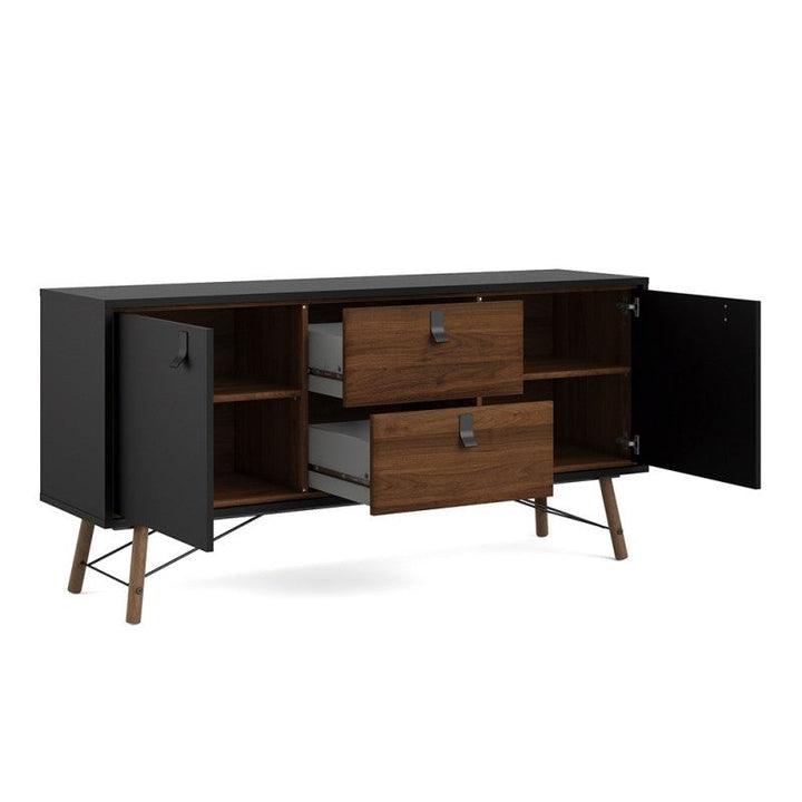 Rena 2 Door 2 Drawer Wide Sideboard - Matt Black & Walnut - The Furniture Mega Store 