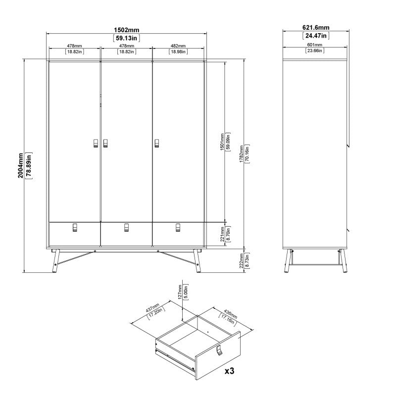 Rena 3 Door 3 Drawer Wardrobe - Matt Black & Walnut - The Furniture Mega Store 