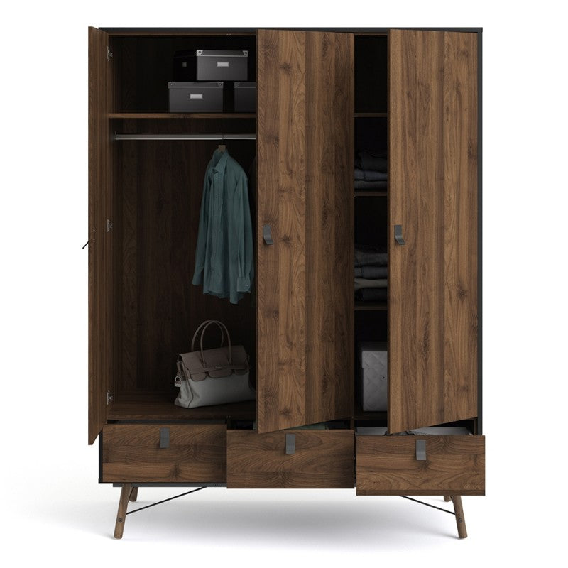 Rena 3 Door 3 Drawer Wardrobe - Matt Black & Walnut - The Furniture Mega Store 