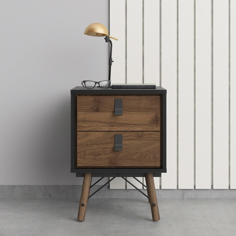 Rena 2 Drawer Bedside cabinet - Matt Black & Walnut - The Furniture Mega Store 