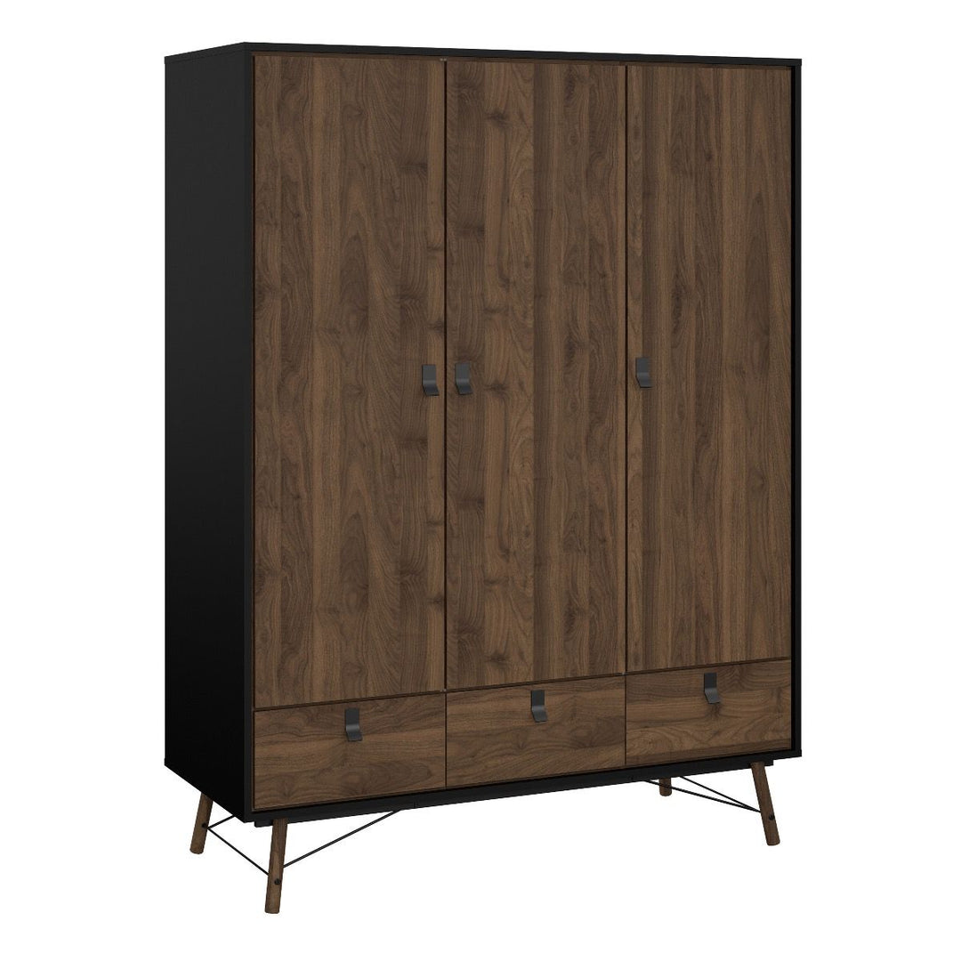 Rena Package - 3 Door 3 Drawer Wardrobe + Double chest of 6 drawers + 2 Drawer Bedside cabinet - Matt Black & Walnut - The Furniture Mega Store 