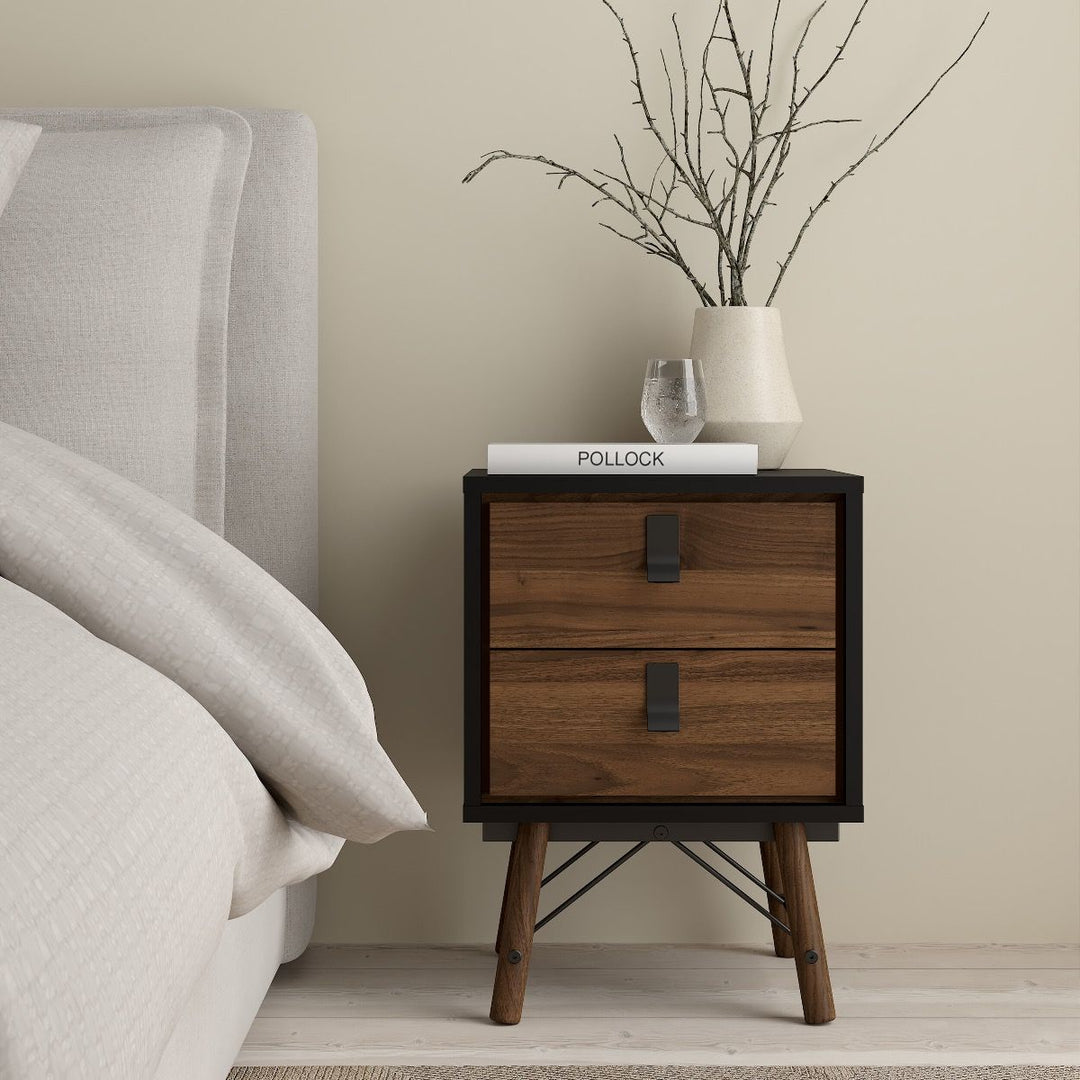 Rena Package - 3 Door 3 Drawer Wardrobe + Double chest of 6 drawers + 2 Drawer Bedside cabinet - Matt Black & Walnut - The Furniture Mega Store 