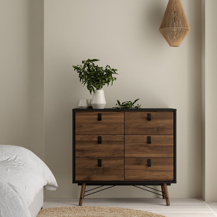 Rena Package - 3 Door 3 Drawer Wardrobe + Double chest of 6 drawers + 2 Drawer Bedside cabinet - Matt Black & Walnut - The Furniture Mega Store 