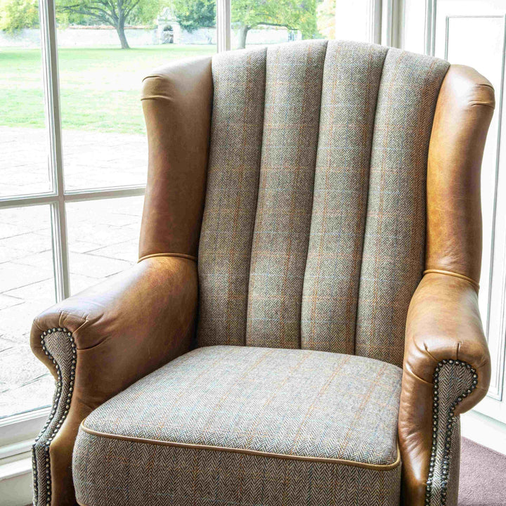 Harris Tweed & Vintage Leather Fluted Wingback Armchair - The Furniture Mega Store 