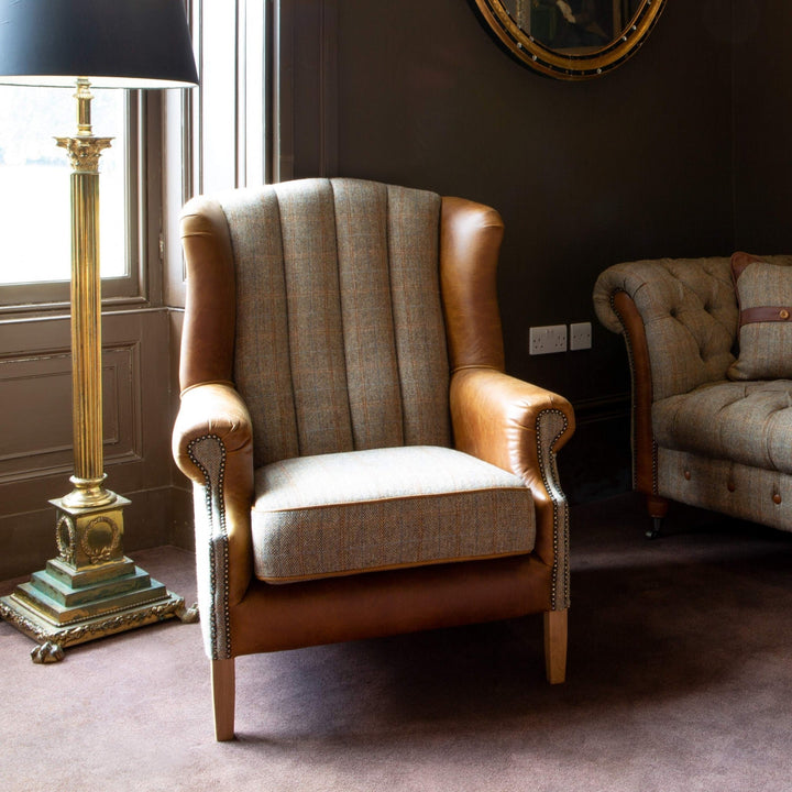 Harris Tweed & Vintage Leather Fluted Wingback Armchair - The Furniture Mega Store 