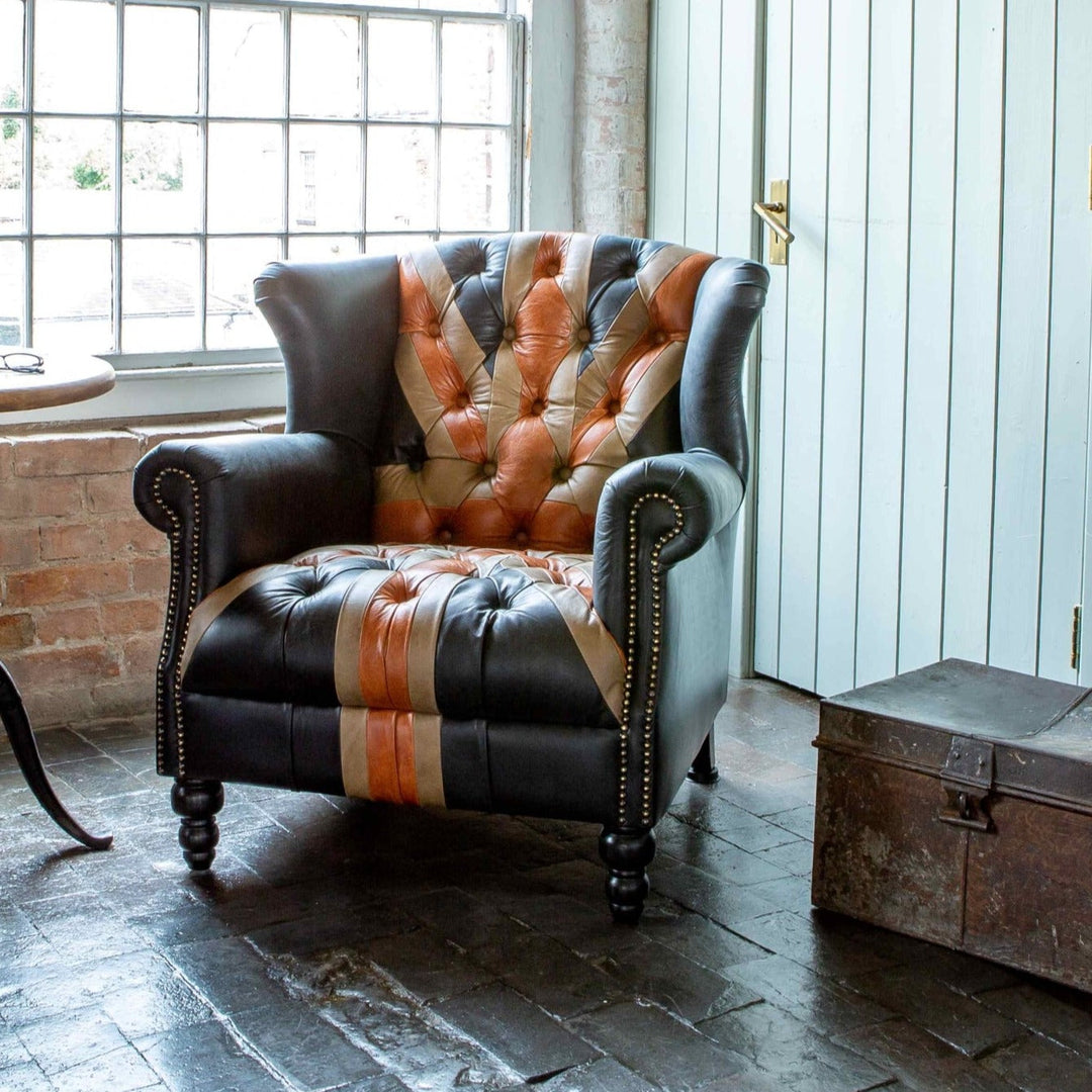 Union Jack Vintage Leather Buttoned Chesterfield Armchair - The Furniture Mega Store 