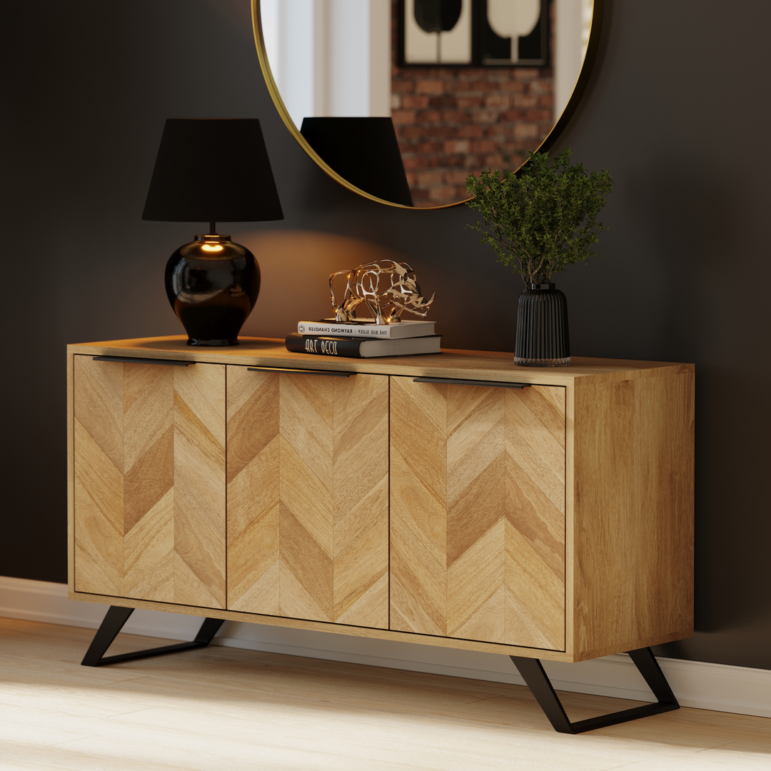 Agra Chevron Parquet Mango Wood Large 3 Door Sideboard - 145cm