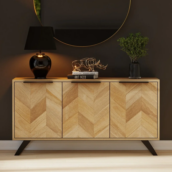 Agra Chevron Parquet Mango Wood Large 3 Door Sideboard - 145cm