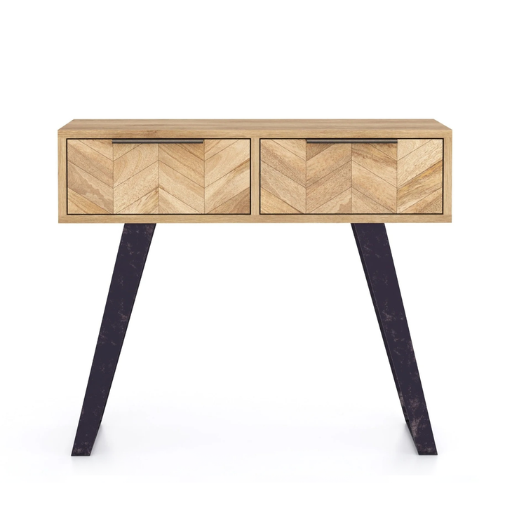 Agra Chevron Parquet Mango Wood 2 Drawer Console Table - 90cm