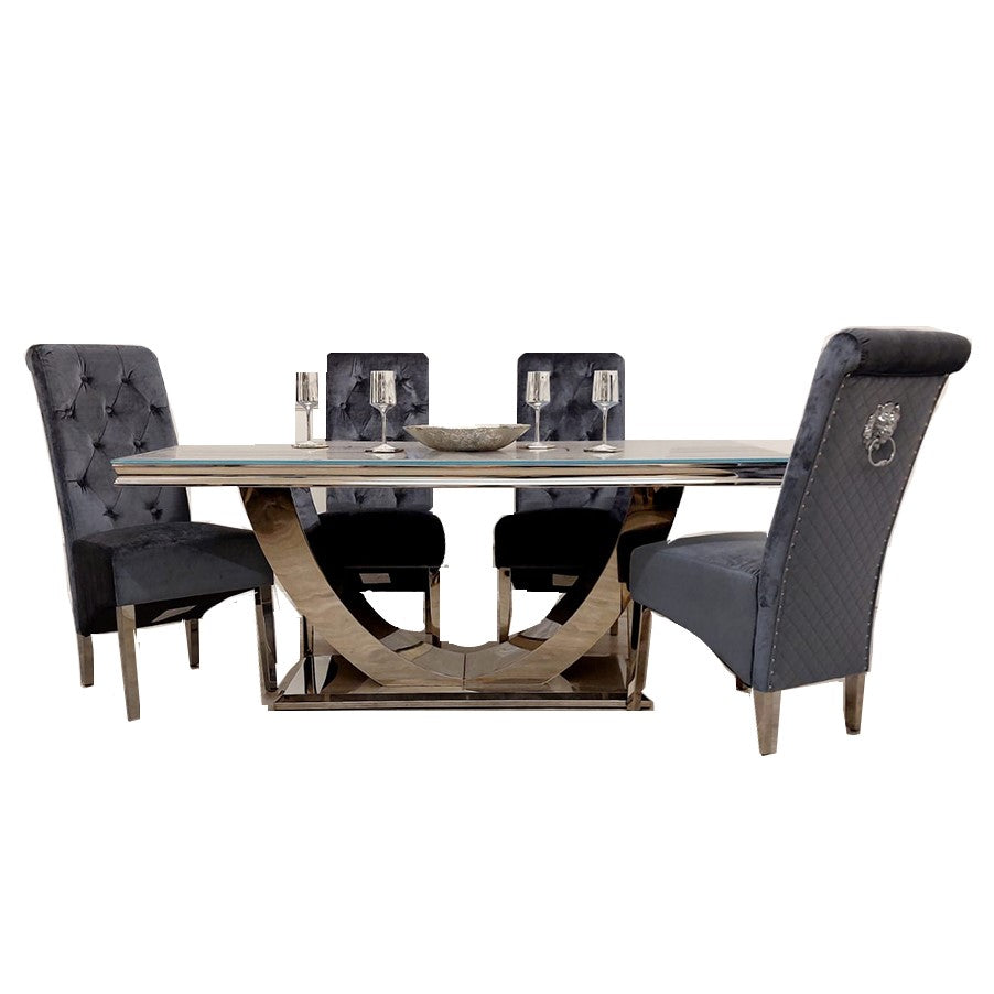 Ariel 1.8 Marble Dining Table & Sofia Velvet Lion Knocker Dining Chairs - Set - The Furniture Mega Store 