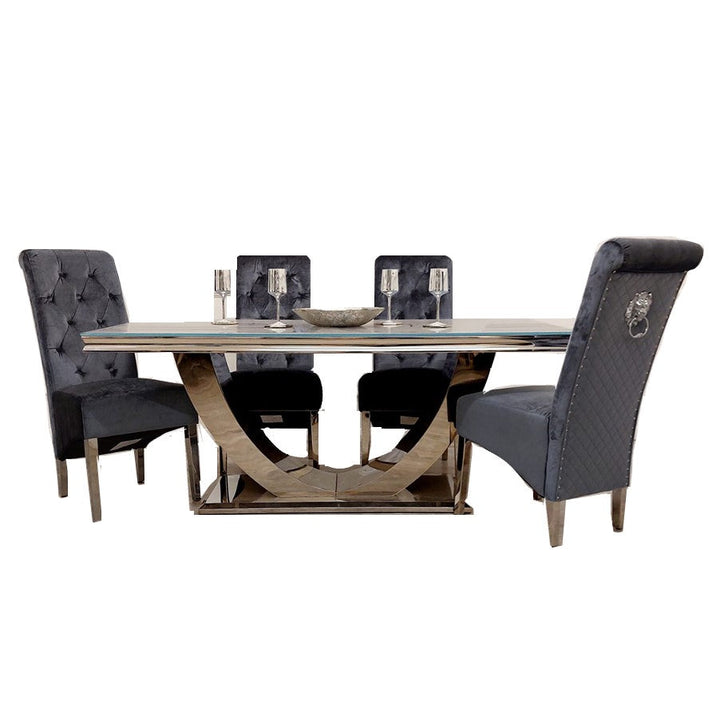 Ariel 1.8 Marble Dining Table & Sofia Velvet Lion Knocker Dining Chairs - Set - The Furniture Mega Store 