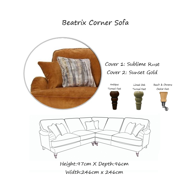 Beatrix Fabric Corner Sofa Collection - Choice Of Size, Fabrics & Feet - The Furniture Mega Store 