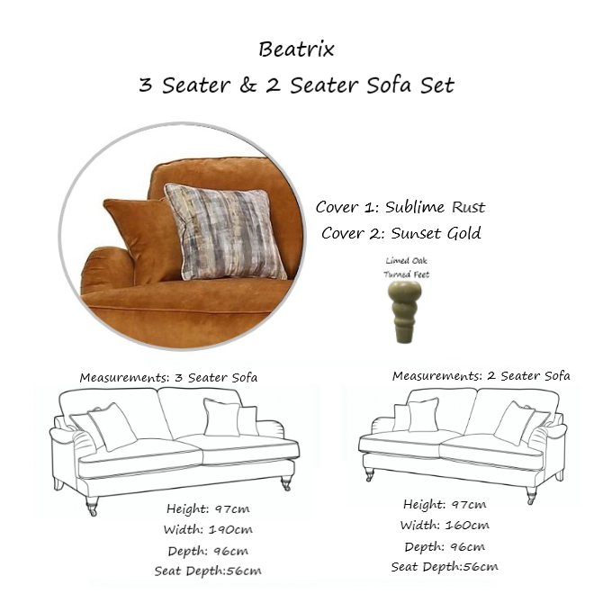 Beatrix 3 Seater & 2 Seater Sofa Set - Choice Of Fabric & Feet - The Furniture Mega Store 