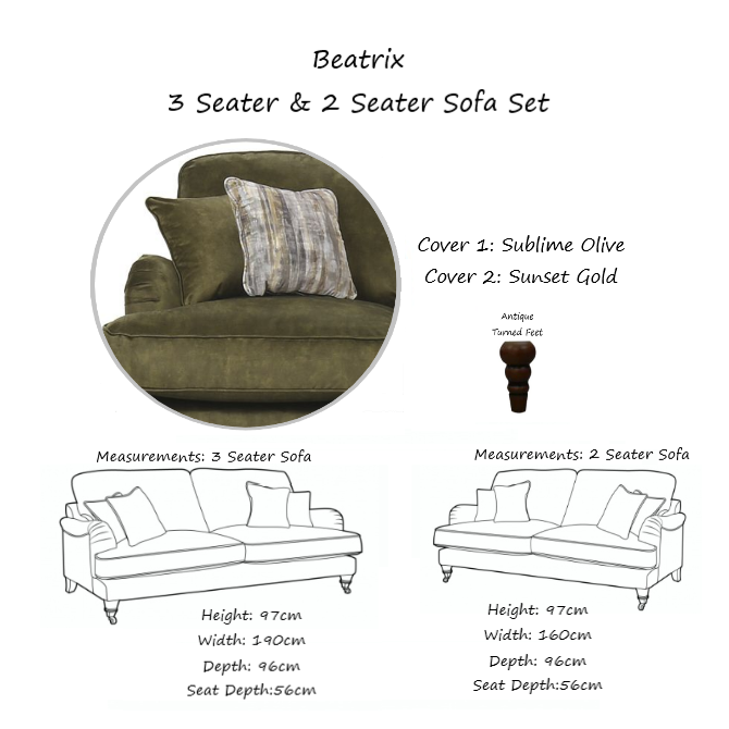 Beatrix 3 Seater & 2 Seater Sofa Set - Choice Of Fabric & Feet - The Furniture Mega Store 