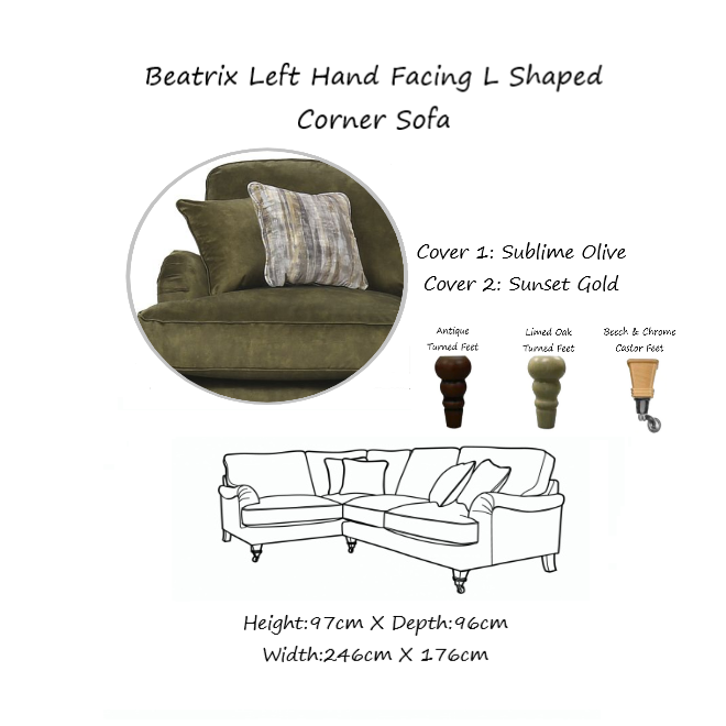 Beatrix Fabric Corner Sofa Collection - Choice Of Size, Fabrics & Feet - The Furniture Mega Store 