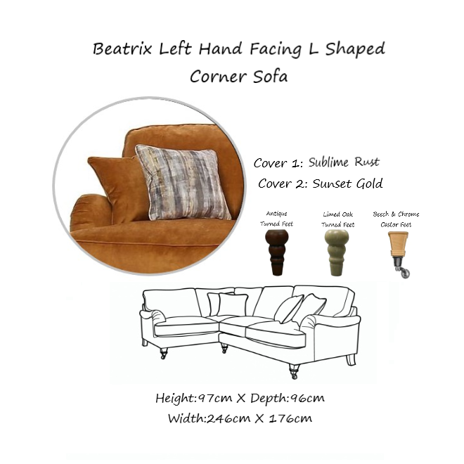 Beatrix Fabric Corner Sofa Collection - Choice Of Size, Fabrics & Feet - The Furniture Mega Store 