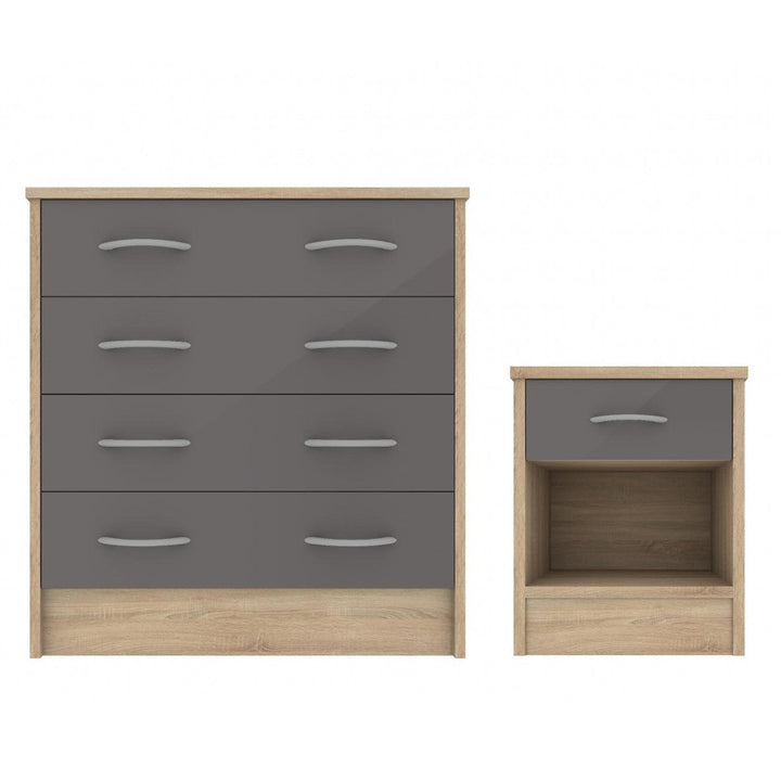 Grey Gloss & Oak - Wardrobe, Chest Drawers & Bedside - Bedroom Set - The Furniture Mega Store 