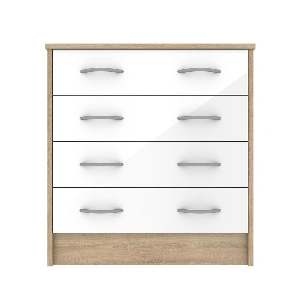 White Gloss & Oak - Wardrobe, Chest Drawers & Bedside - Bedroom Set - The Furniture Mega Store 