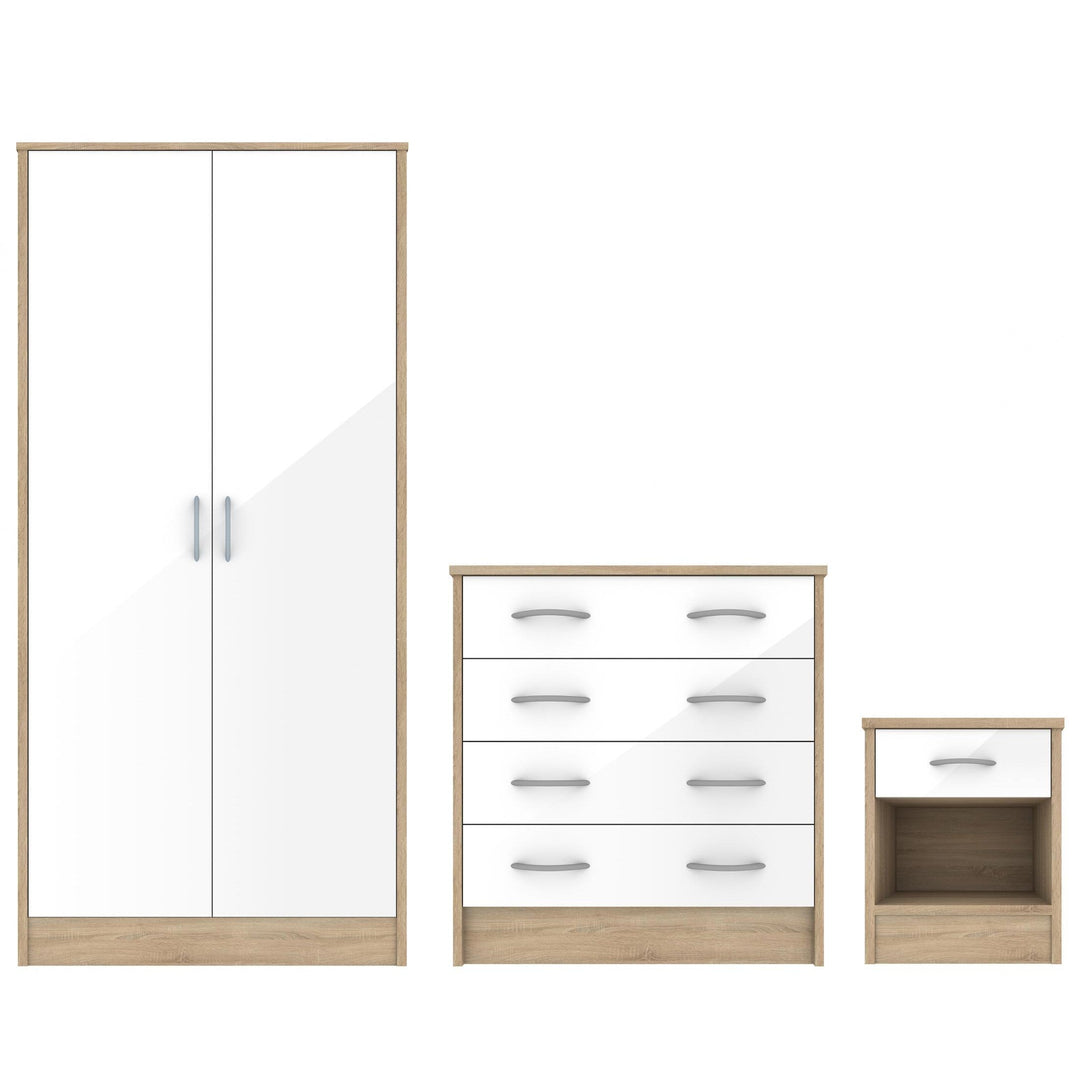 White Gloss & Oak - Wardrobe, Chest Drawers & Bedside - Bedroom Set - The Furniture Mega Store 