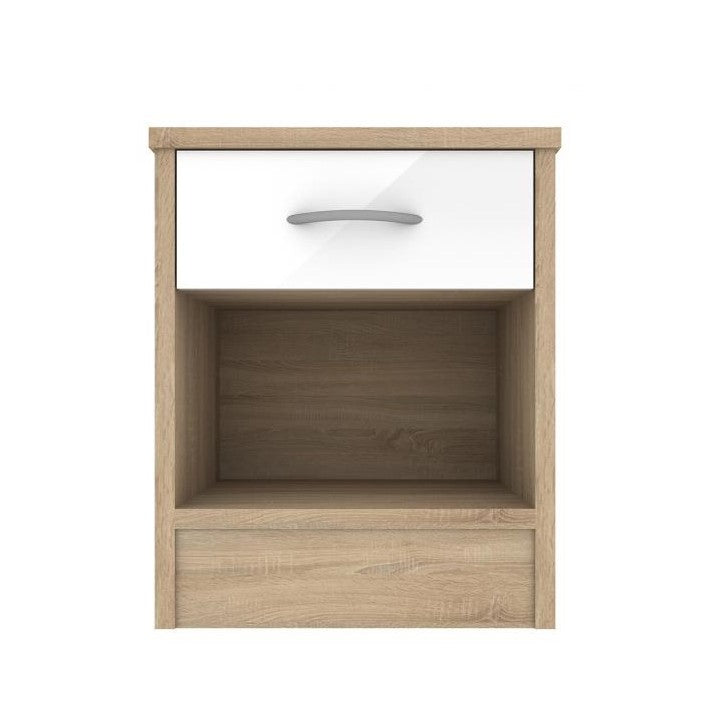 White Gloss & Oak - Wardrobe, Chest Drawers & Bedside - Bedroom Set - The Furniture Mega Store 