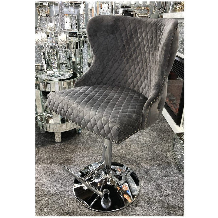 Valentino Grey Velvet Deep Tufted Lion Head Bar Stool - The Furniture Mega Store 